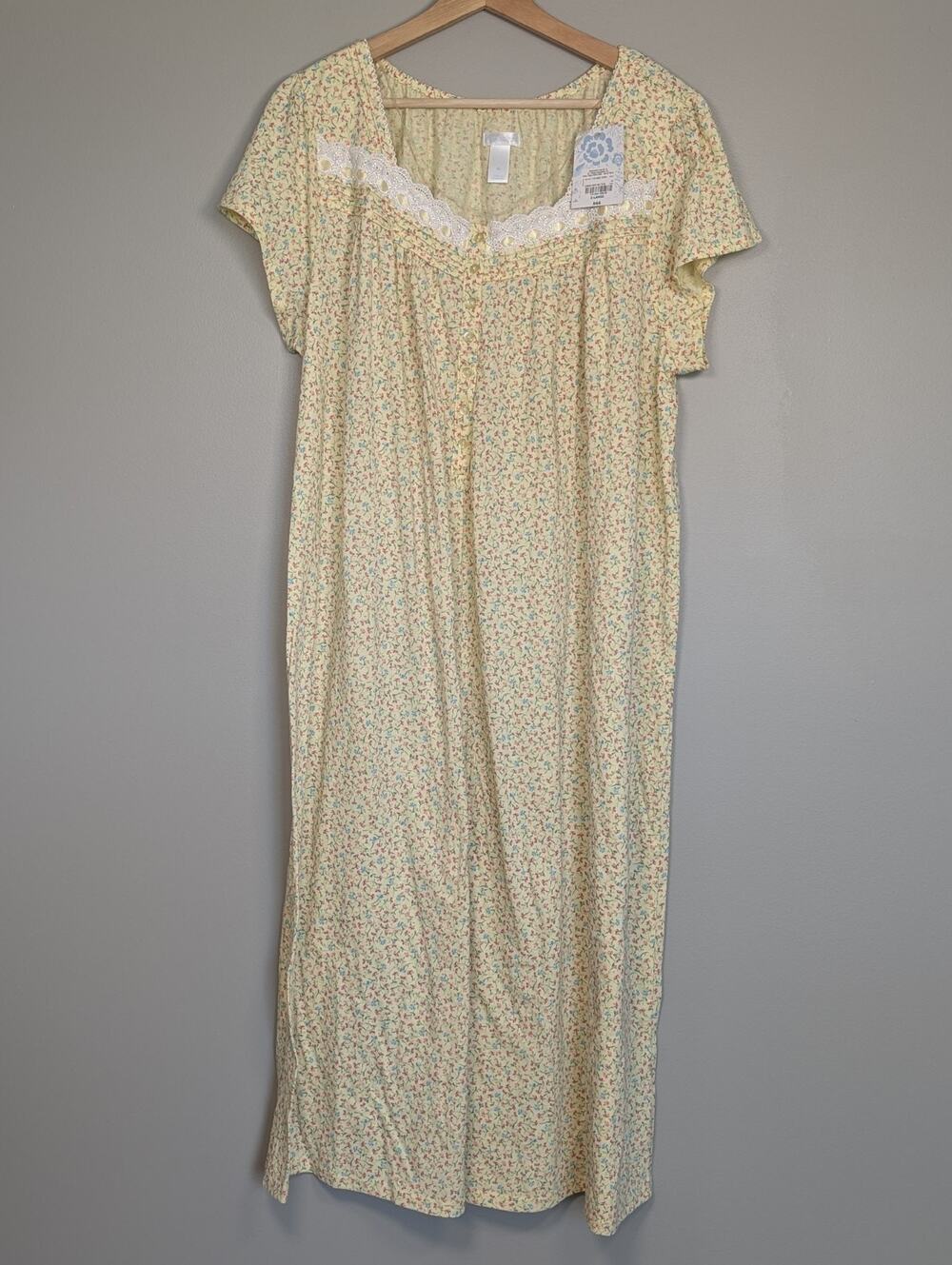 NWT XL Yellow Floral Nightgown Lace Trim Short Sleeve Maxi Dress Adonna...